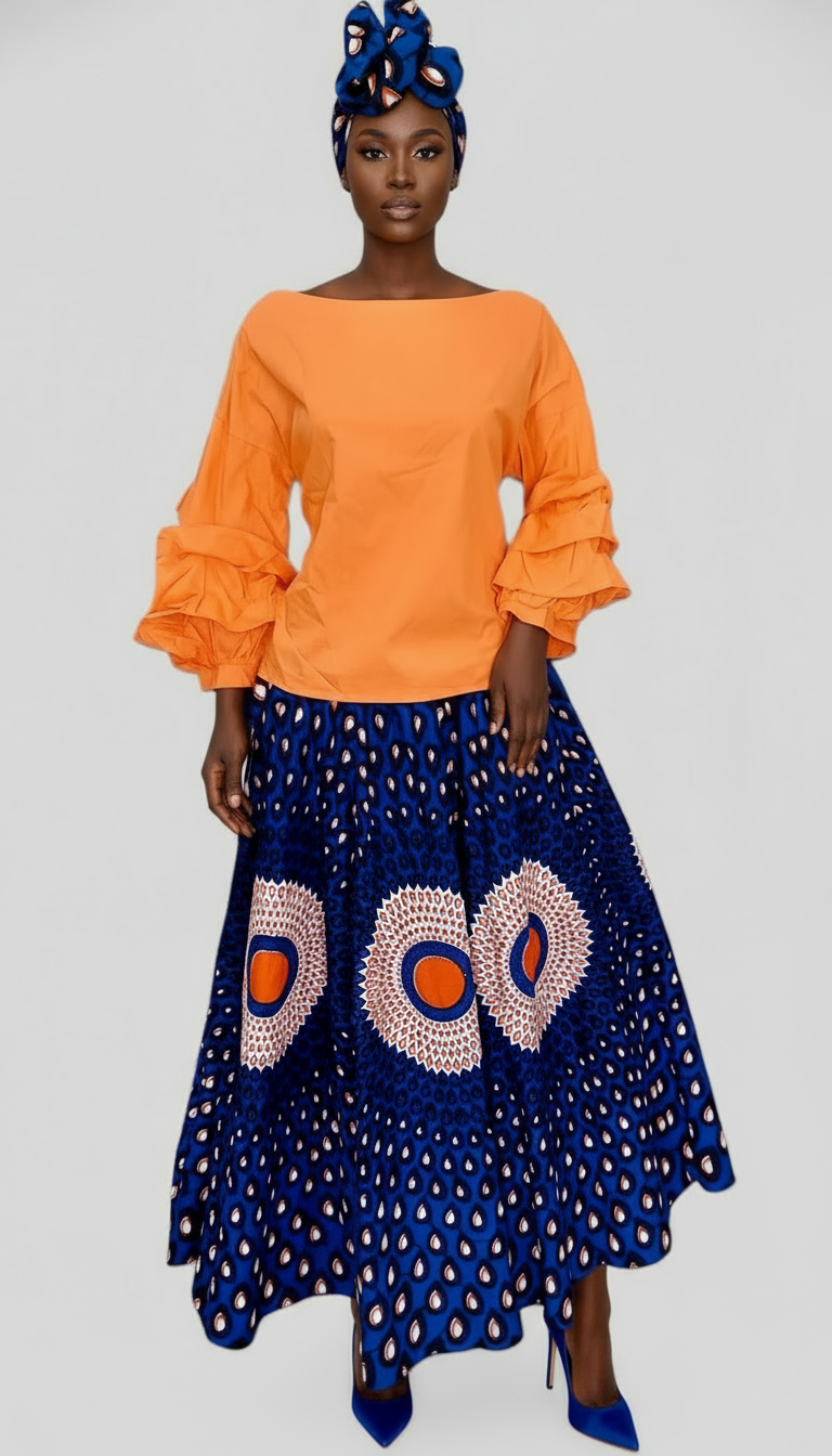 Set / Long Maxi Skirt & wrap Top Set - Print 7001